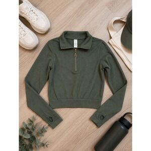 Olive Green Ribbed Quarter Zip Cropped Pullover Rhinestone Thumbhole M